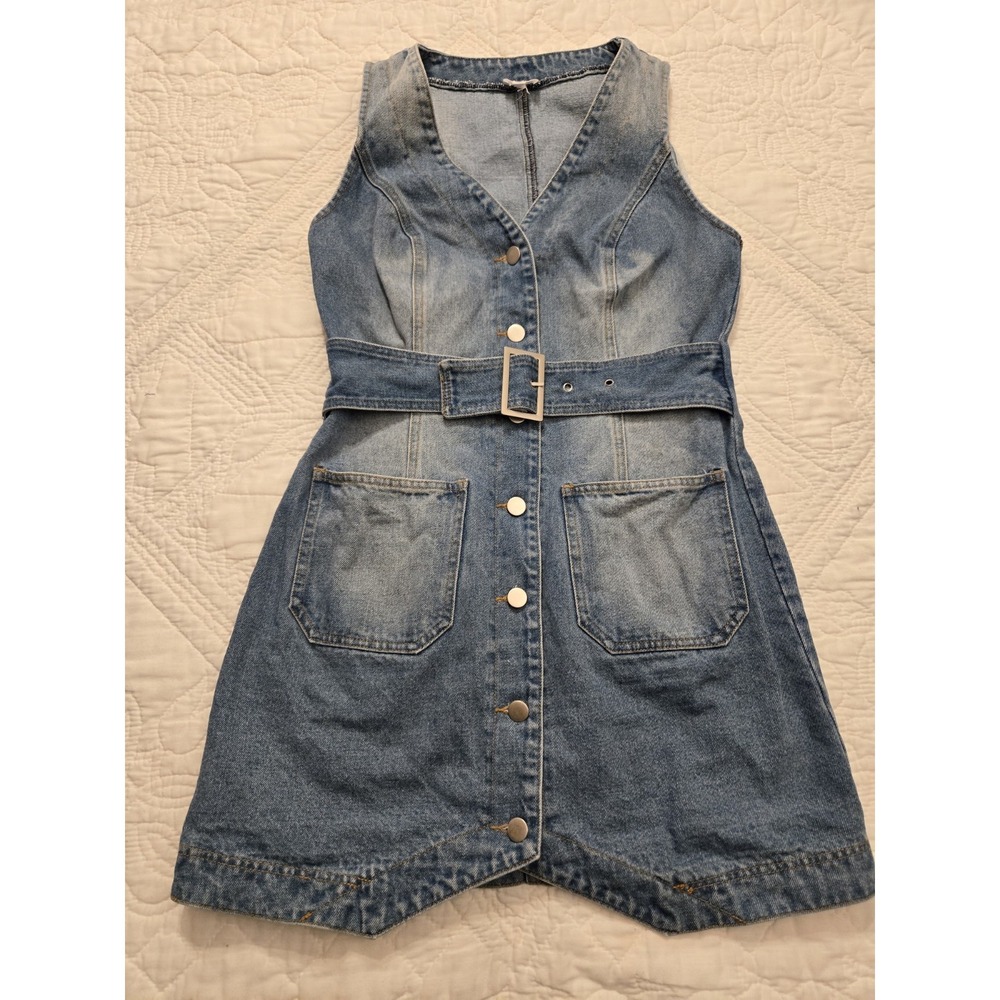 LE LIS Midi Denim Dress Women L  Acid Wash Blue V-Neck Belted Sleeveless Button